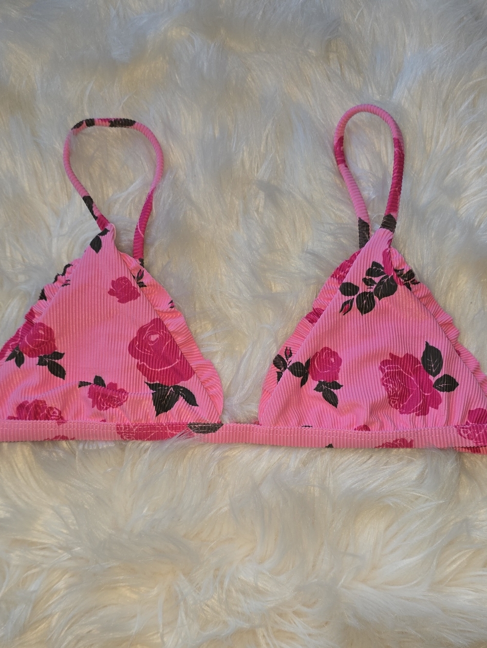 Beach Riot Pink Rose Print Ribbed Triangle Bikini Top SIZE M